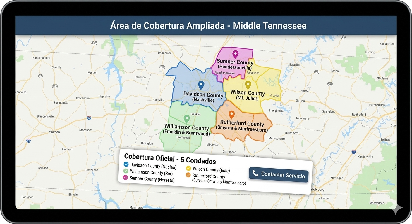 Ofrecemos servicios profesionales con cobertura completa en el Condado de Davidson y las principales ciudades de los alrededores. Si te encuentras en Nashville, Franklin, Brentwood, Hendersonville o Mt. Juliet, nuestro equipo técnico y de atención al cliente llegará rápidamente hasta tu ubicación. Nos desplazamos por las rutas principales para garantizar un servicio ágil, confiable y con total disponibilidad local. ¡Contáctanos hoy mismo y agenda tu servicio en tu zona!